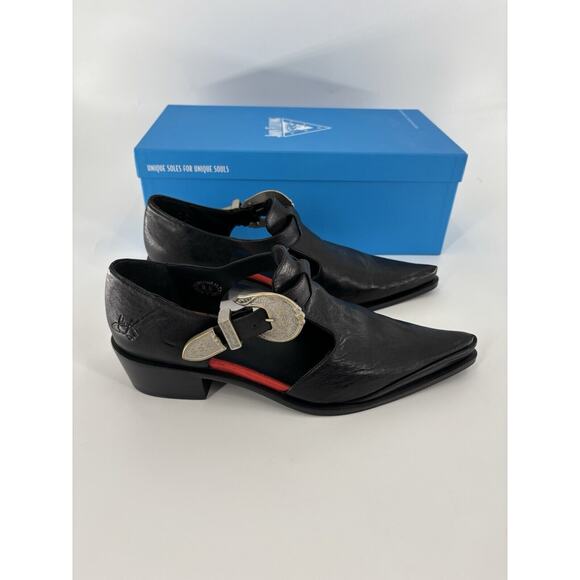 John Fluevog Shoes Womens 9.5 Black Wrappings Articulate Buckled T Strap Pointed